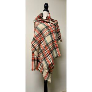 LOOK Blanket Scarf Wool Blend Rectangular Cream/Coral/Green/Black Plaid